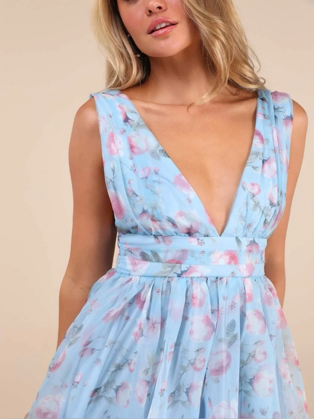 LULU'S Garden Romance Light Blue Floral Print Organza Maxi Dress